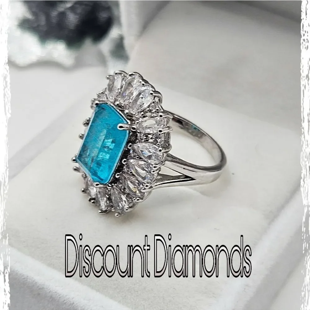 Neon Blue Paraiba & Clear Zircon Cocktail Ring 18K White Gold on 925 Silver